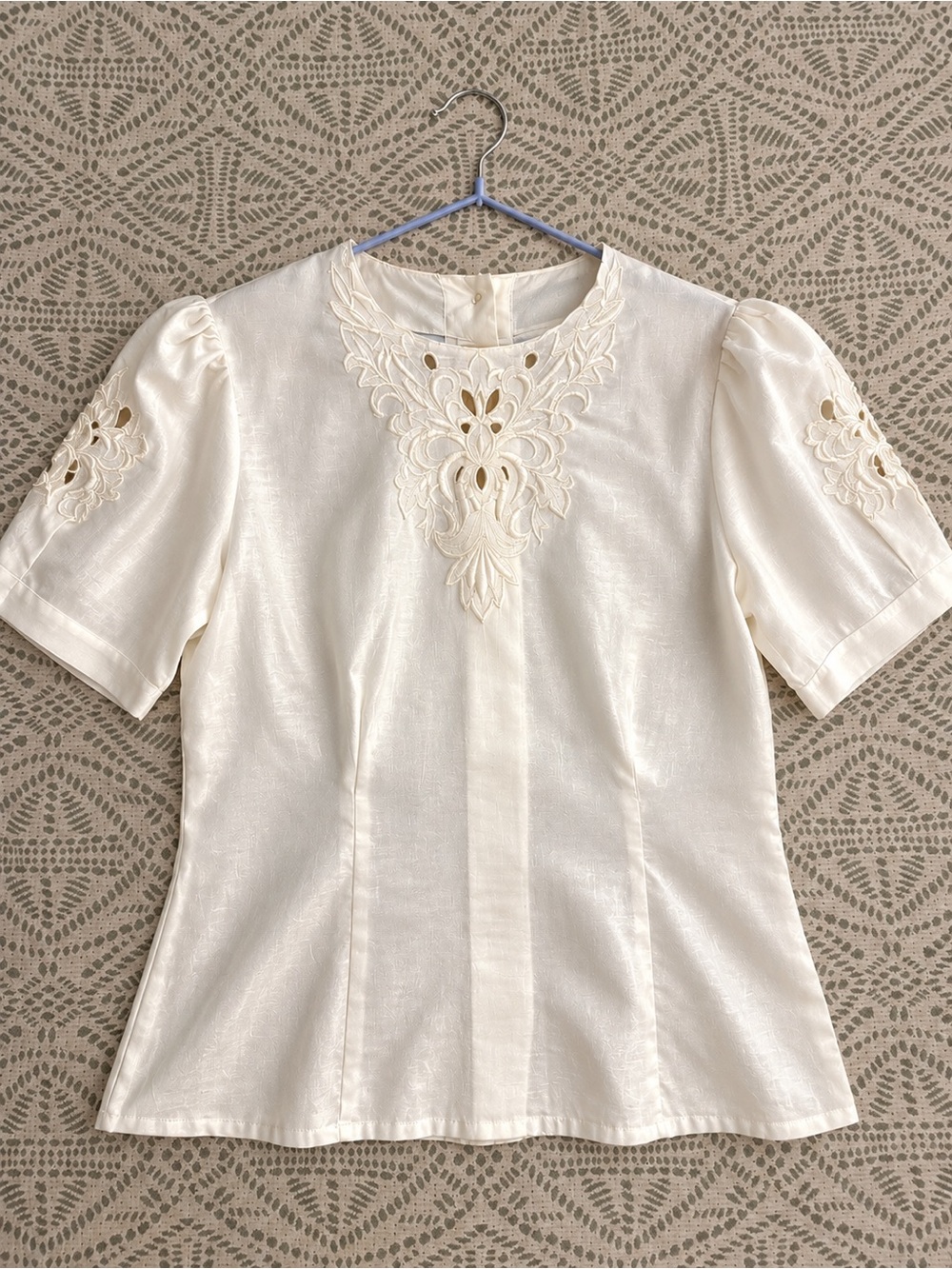Vintage NICOLA Ivory Embroidered Silky Blouse Size 8